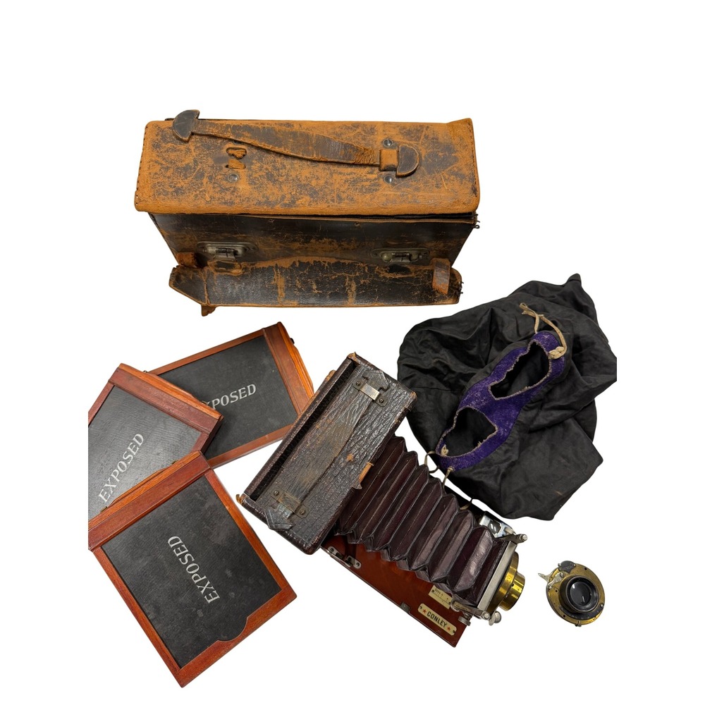 Antique Conley Folding Bellows Camera Junior Lens Wood Case Plate Holders Kit